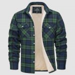 Fleece Lined Men's Jacket Long Sleeve Lapel Plaid — Green Grid