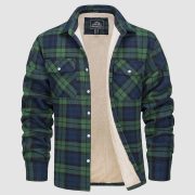 Fleece Lined Men's Jacket Long Sleeve Lapel Plaid — Khaki Grid - Image 4