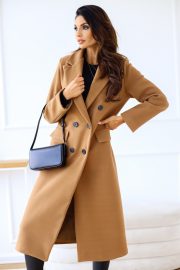 Women's Fashion Simple Double Breasted Long Sleeve Lapel Button Woolen Coat — Wine red - Image 3