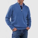 Men's Stand Collar Zipper Sweater Winter Fashion Solid Color Long Sleeve Knitted Top Clothing — Blue