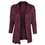 Women's Sequin Long Sleeve Temperament Mid-length Polo Collar Solid Color Coat — Wine Red