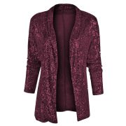 Women's Sequin Long Sleeve Temperament Mid-length Polo Collar Solid Color Coat — Navy Blue - Image 11