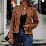 Women's Solid Color Double-breasted Decorative Deerskin Velvet Retro Long-sleeved Jacket — Coffee - Image 2