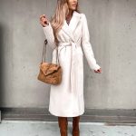 Woolen Coat Simple Fashion V-neck Lace Up Long Coat For Women — White
