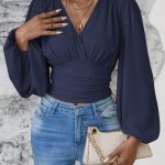 V-neck Sleeve Solid Color Pleated Women's Long-sleeved Top — Navy Blue