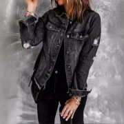 Female Creative Perforated Denim Long Sleeved Shirt — Black - Image 5