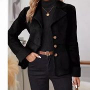 Casual Fashion Cold-proof Warm Fur Integrated Lapel Pocket Jacket — Black - Image 4