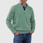 Men's Stand Collar Zipper Sweater Winter Fashion Solid Color Long Sleeve Knitted Top Clothing — Green