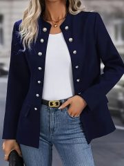 Winter Fashion Solid Color Stand Collar Double Breasted Cardigan Jacket — Dark Blue