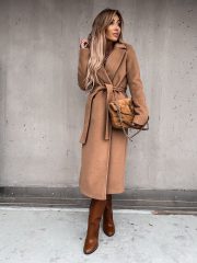 Woolen Coat Simple Fashion V-neck Lace Up Long Coat For Women — Army Green - Image 4