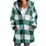 European Velvet Women's Long-sleeved Plaid Hooded Zipper With Pockets Baggy Coat — Light Green