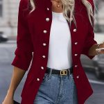 Winter Fashion Solid Color Stand Collar Double Breasted Cardigan Jacket — Wine Red