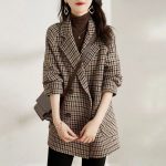 Suit Collar Houndstooth Woolen Coat Woman — Khaki