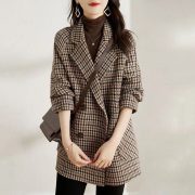 Suit Collar Houndstooth Woolen Coat Woman — Black - Image 6