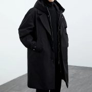 Coat Coat Men's False Two Pieces Hooded Mid-length Trench Coat — FY001 Black