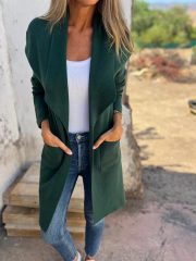 Fall And Winter Lapels Mid-length Knitted Cardigan Thin Woolen Coat — Khaki - Image 9