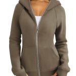 Women's Zipper Short Hood Fleece Lined Solid Color Hoodie Sweater — Coffee