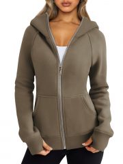 Women's Zipper Short Hood Fleece Lined Solid Color Hoodie Sweater — Army Green - Image 18