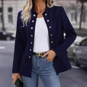 Winter Fashion Solid Color Stand Collar Double Breasted Cardigan Jacket — Dark Blue - Image 3