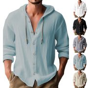 Cotton And Linen Shirt Hooded Sweater Button Long Sleeve — Navy Blue - Image 2