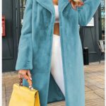Women's Fashionable Elegant Lace-up Turn-down Collar Plush Long Coat — Blue