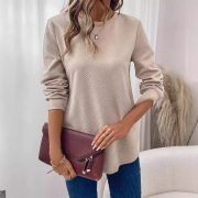 Women's Crew Neck Casual Long Sleeve Shirt — Khaki - Image 4