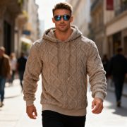 Plush Hooded Sweatshirt Winter Warm Long-sleeved Pullover Top Men's Casual Solid Color Fleece Hoodie Clothing — Brown