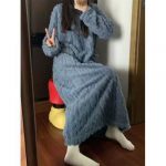 Winter Coral Fleece Sleepwear Women's Nightgown Long Night Dress Pajamas With Pockets Thickened Jacquard Dress Warm Home Clothes — Sea Blue