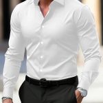 Men's Shirt Business Button Down Shirt Summer Solid Color Long Sleeve Lapel Vacation Shirt Fashion Temperament Casual Tops — White
