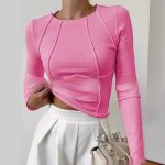 Slim Long Sleeve T-shirt Fashion Solid Color Split Thread Knitted Top Womens Clothing — Bright pink