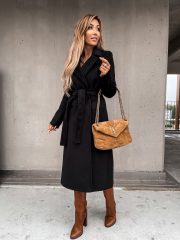 Woolen Coat Simple Fashion V-neck Lace Up Long Coat For Women — Army Green - Image 9