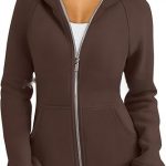 Women's Zipper Short Hood Fleece Lined Solid Color Hoodie Sweater — Brown
