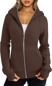 Women's Zipper Short Hood Fleece Lined Solid Color Hoodie Sweater — Army Green - Image 9