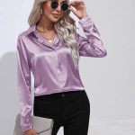 One Button Satin Shirt Temperament Long Sleeve Shirt — Light Purple