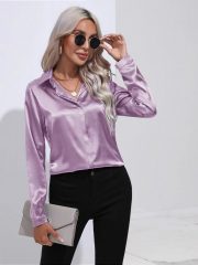One Button Satin Shirt Temperament Long Sleeve Shirt — Dark green - Image 9