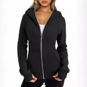 Women's Zipper Short Hood Fleece Lined Solid Color Hoodie Sweater — Army Green - Image 4