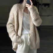 Women's Fashion Loose High Collar Short Knitted Cardigan — Beige