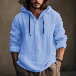 New Wish Cotton Linen Shirt Hooded Sweater Long Sleeve Hooded Casual Daily Clothing — Light Blue