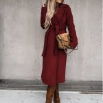 Woolen Coat Simple Fashion V-neck Lace Up Long Coat For Women — Wine Red